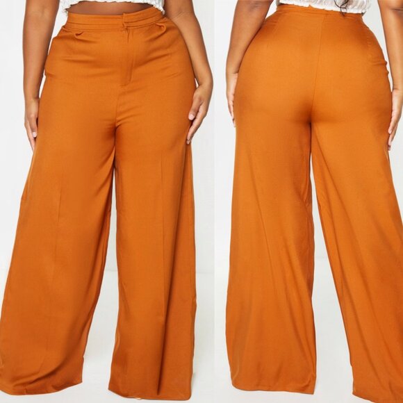 NWT Pretty Little Thing Rust Pleat Detail Wide Leg Trouser 16/Polished Boho Chic - Picture 13 of 13